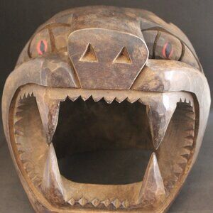 Solid wood Large Hand Carved Dark Brown Large Cat Jaguar Cougar Head Sculpture